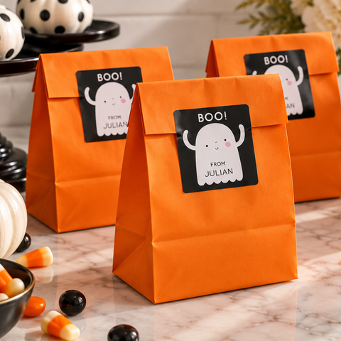 Three orange paper gift bags with black 'BOO! FROM JULIAN' labels are arranged on a marble table with Halloween decorations, candy, and a striped drink holder.