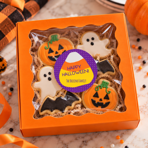 cookie box with halloween cookies and a personalized label
