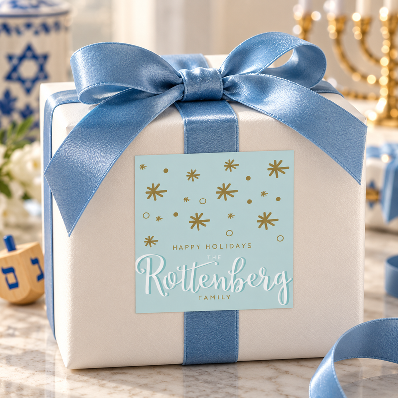 Hanukkah gift finished with a personalized family name gift label