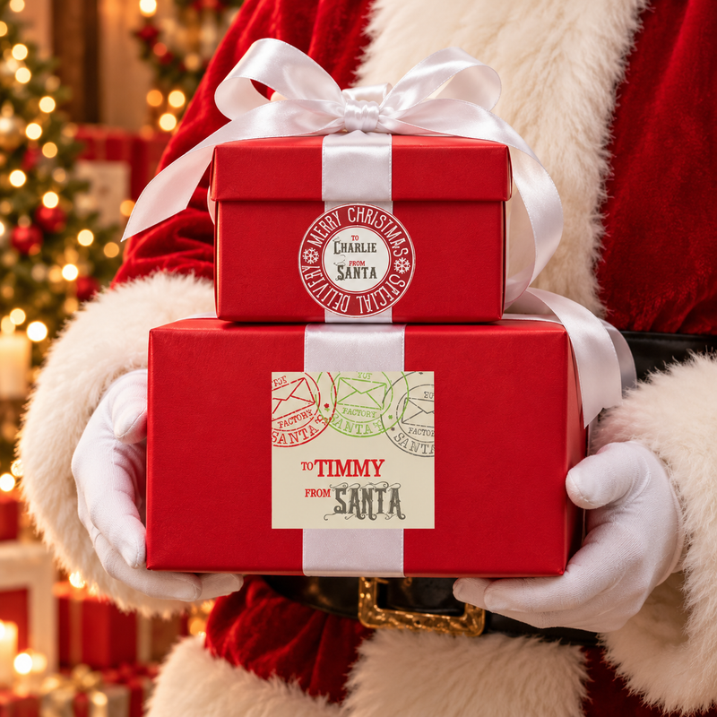 Christmas gifts from Santa wrapped and labeled with personalized Santa gift labels and gift wrap