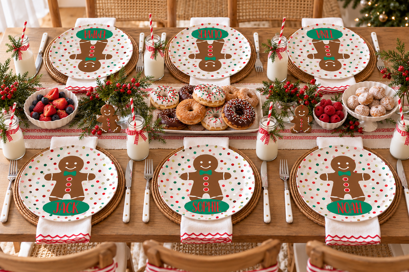Christmas brunch table set with personalized gingerbread plates
