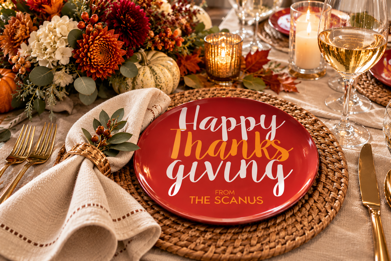 Friendsgiving table set with a personalized Thanksgiving family plate