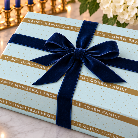 Hanukkah gifts wrapped in personalized Happy Hanukkah gift wrap