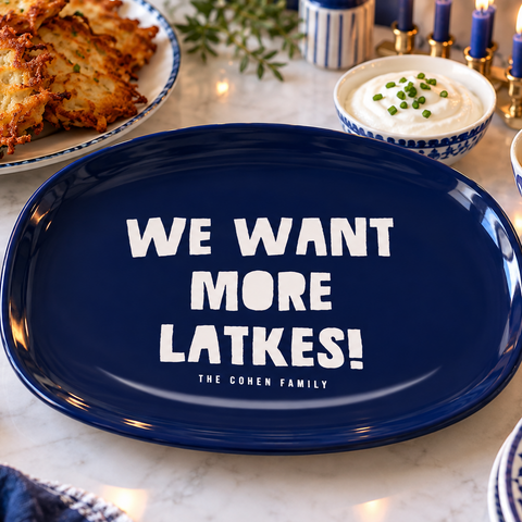 Latkes served on the personalized More Latkes Platter for Hanukkah