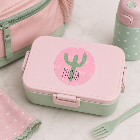 Green cactus personalized name label on a pink and green kids bento lunchbox for back to school - Label Circus