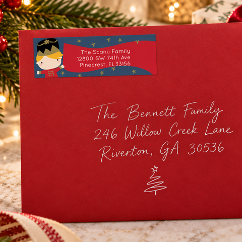 Holiday card envelopes with personalized Christmas return address labels that match the card