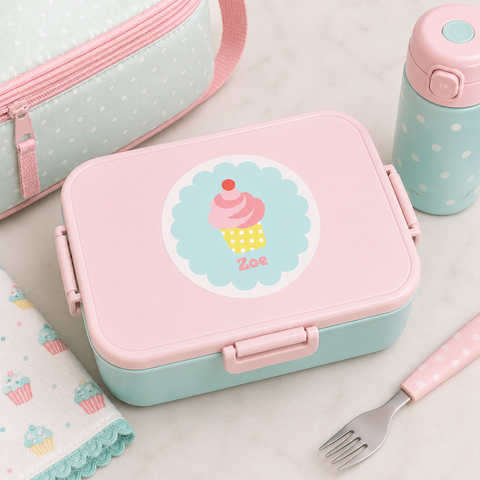 Pink swirl cupcake personalized name label on a pink and mint green kids bento lunchbox for back to school - Label Circus
