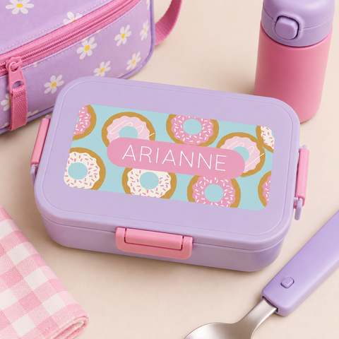 Pink and mint rectangular personalized donut name label for kids with pink frosted donuts design - Label Circus