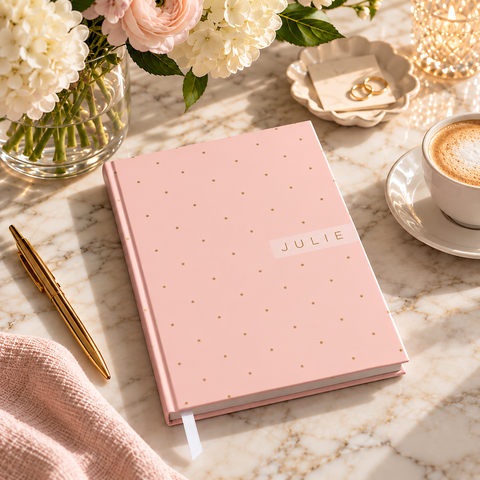 A pink hardcover journal with gold polka dots and the name 'JULIE' on the cover, styled on a marble surface with flowers, a pen, a cup of coffee, and small jewelry accessories.