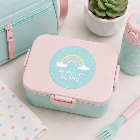 Pastel rainbow and clouds name label on a pink and mint green kids bento lunchbox for back to school - Label Circus
