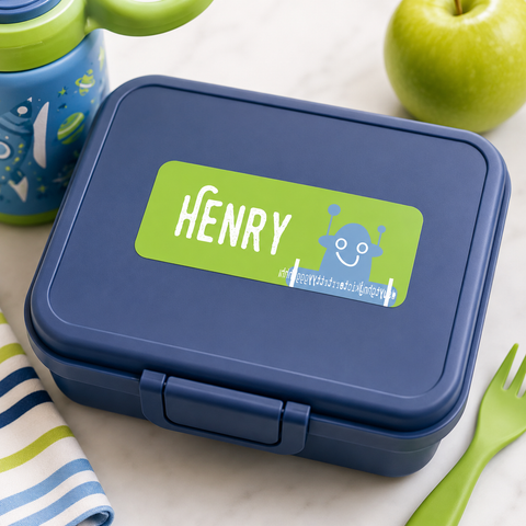 Personalized robot waterproof name label on a navy blue lunch box with matching kids school lunch accessories and green themed props.