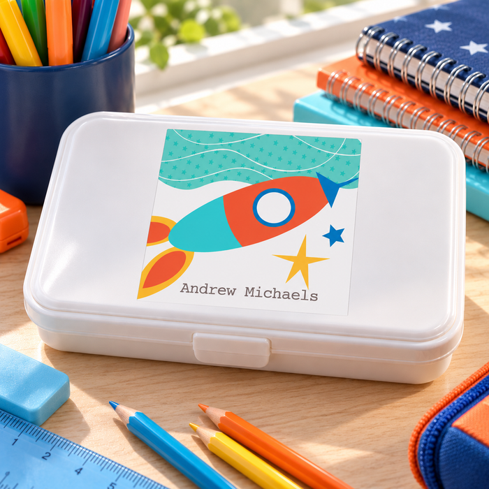 Personalized rocket name label on a kids pencil case