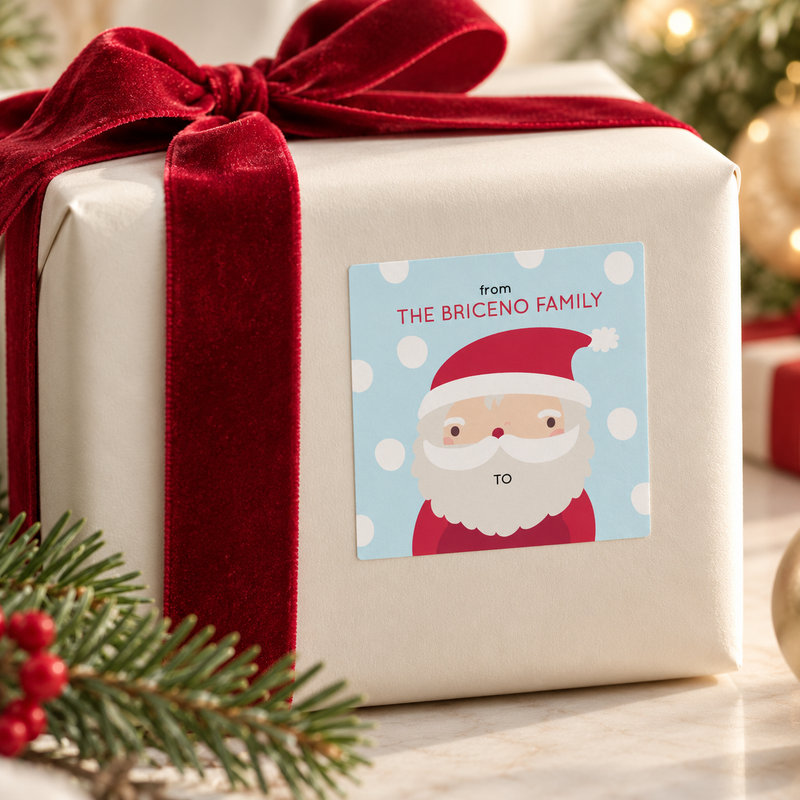 Christmas present finished with a personalized Santa gift label