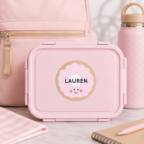 Personalized kawaii donut name label on a pink kids bento lunchbox for back to school - Label Circus