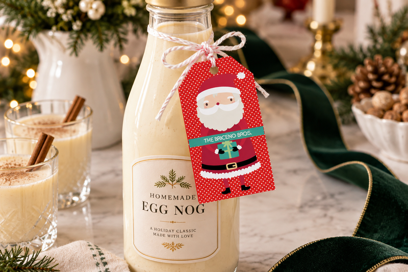 Wine bottle hostess gift tied with a personalized Santa stringed gift tag