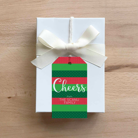 Personalized Cheers stringed gift tag printed with a name