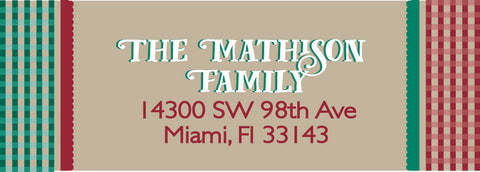 Gingham personalized holiday return address labels for Christmas cards