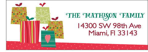 Holiday gifts personalized Christmas return address labels with wrapped presents