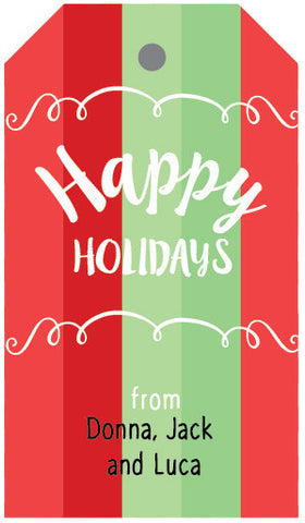 Holiday stripes personalized stringed Christmas gift tags printed with a name