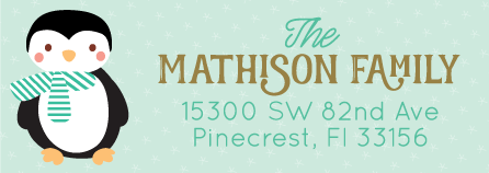 Penguin personalized holiday return address labels for winter mail